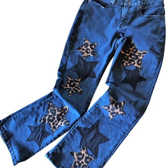 Patchwork Jeans, Size 12 Short: Boho Hippie Pants, Leopard Print Stars - Picture 1 of 14